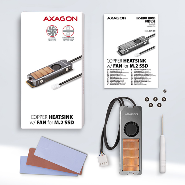 AXAGON CLR-M2FAN,  medený chladič s ventilátorom pre jedno aj obojstranný M.2 SSD disk,  výška 13 mm6 