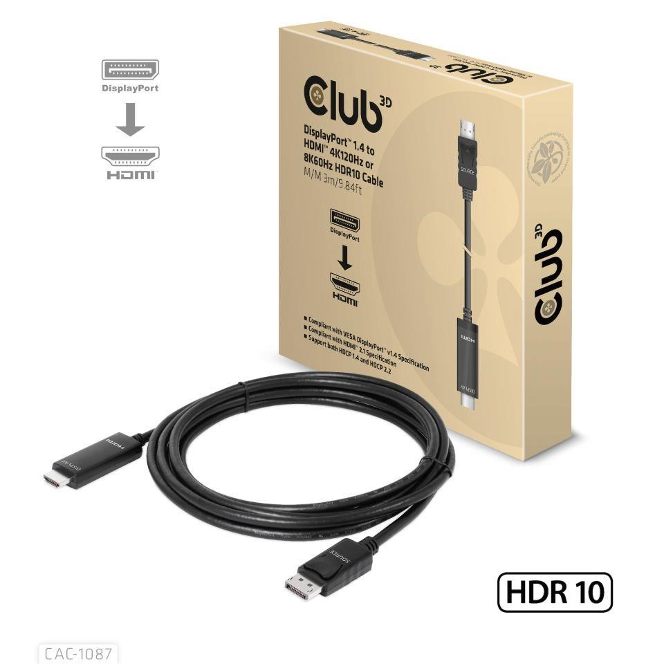 Club3D kábel DP 1.4 na HDMI,  4K120Hz alebo 8K60Hz HDR10,  M/ M,  3 m0 