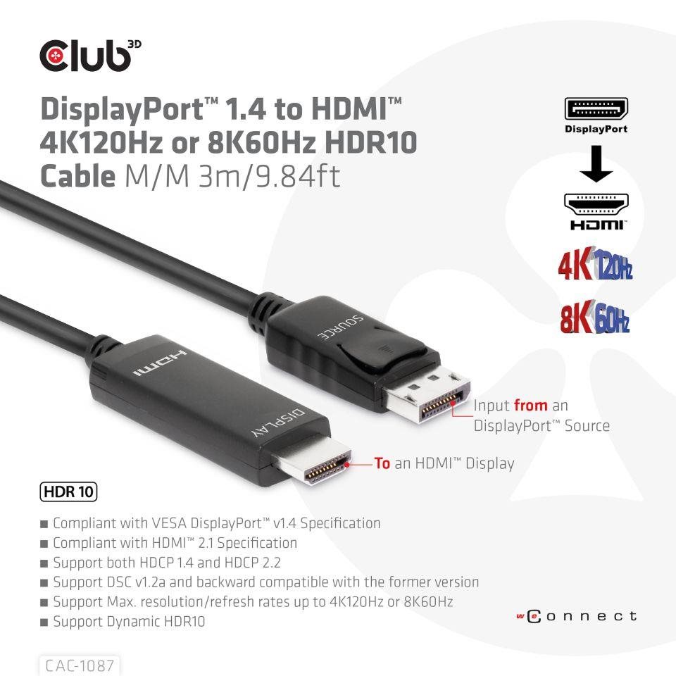 Club3D kábel DP 1.4 na HDMI,  4K120Hz alebo 8K60Hz HDR10,  M/ M,  3 m1 
