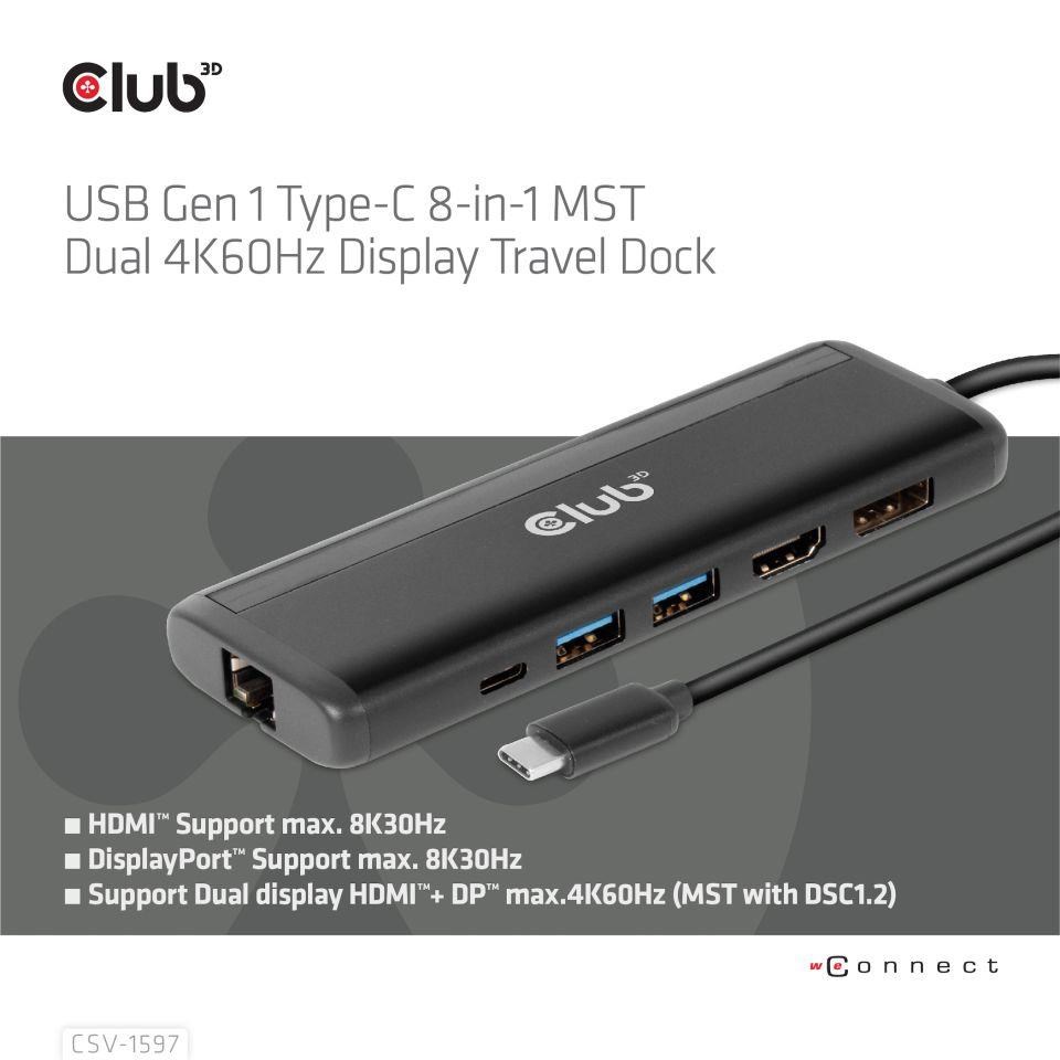 Club3D Dokovací stanice USB-C,  8-in-1 MST Dual (1x HDMI/ 1x DP) 4K60Hz,  Display Travel Dock5 