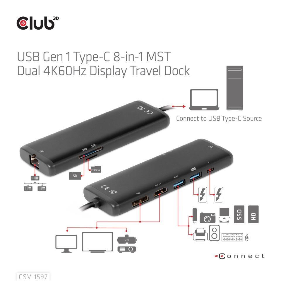 Club3D Dokovací stanice USB-C,  8-in-1 MST Dual (1x HDMI/ 1x DP) 4K60Hz,  Display Travel Dock6 