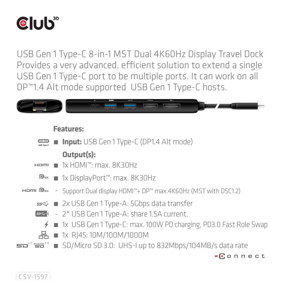 Club3D Dokovací stanice USB-C,  8-in-1 MST Dual (1x HDMI/ 1x DP) 4K60Hz,  Display Travel Dock4 