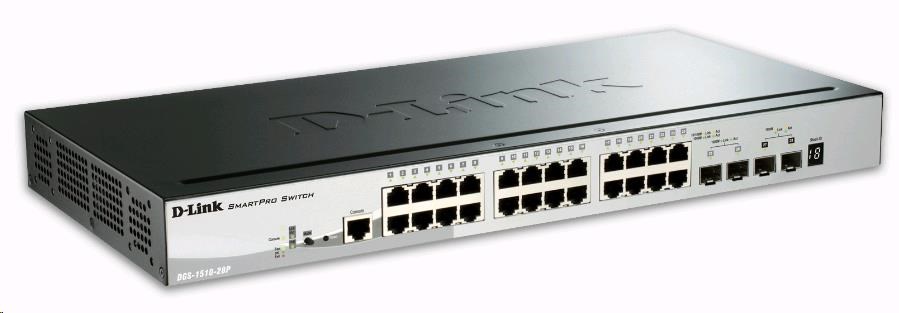 D-Link DGS-1510-28P 28-portový gigabitový stohovateľný SmartPro PoE switch,  24x gigabitový RJ45,  2x 10G SFP+ port,  2x S0 