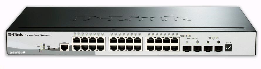 D-Link DGS-1510-28P 28-portový gigabitový stohovateľný SmartPro PoE switch,  24x gigabitový RJ45,  2x 10G SFP+ port,  2x S1 