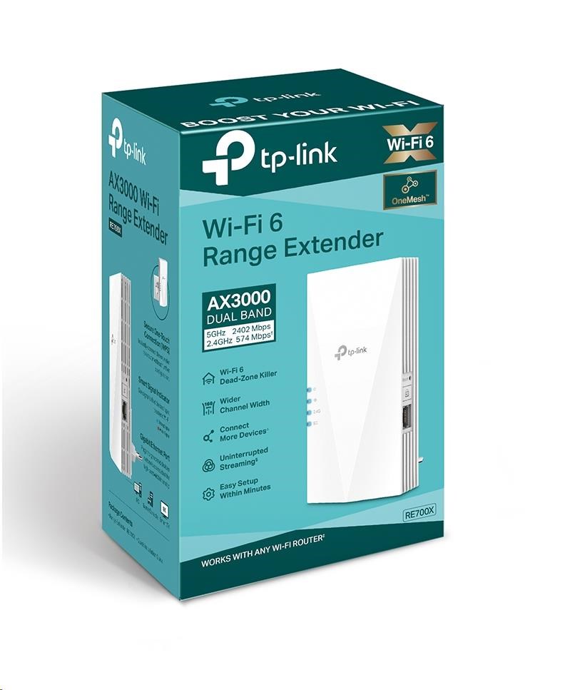 TP-Link RE700X OneMesh/ EasyMesh WiFi6 Extender/ Repeater (AX3000, 2, 4GHz/ 5GHz, 1xGbELAN)1 
