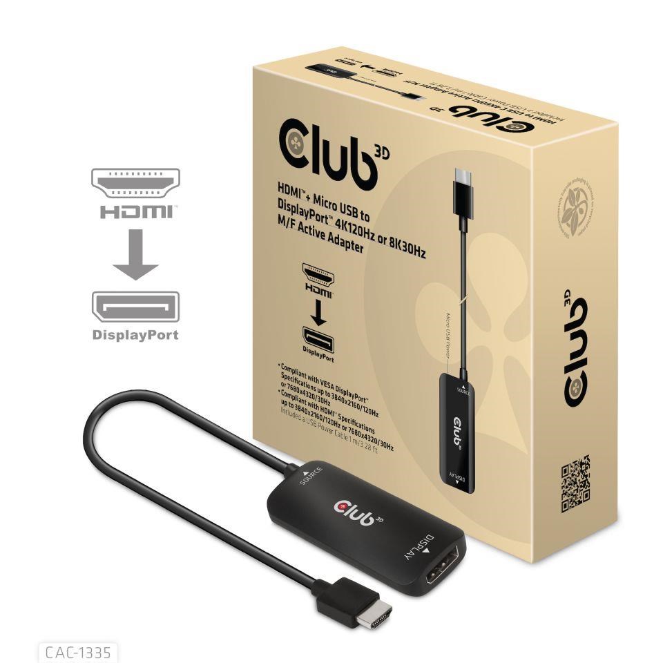Club3D Adaptér HDMI + Micro USB na DisplayPort 4K120Hz/ 8K30Hz,  Active Adapter M/ F3 