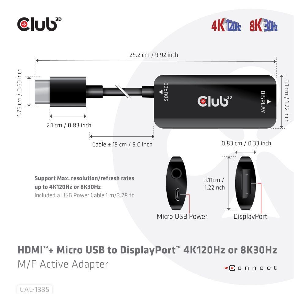 Club3D Adaptér HDMI + Micro USB na DisplayPort 4K120Hz/ 8K30Hz,  Active Adapter M/ F1 