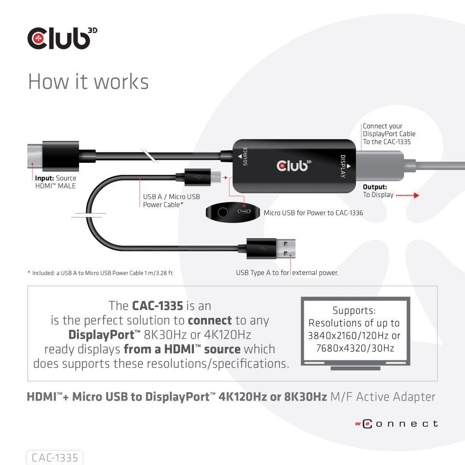 Club3D Adaptér HDMI + Micro USB na DisplayPort 4K120Hz/ 8K30Hz,  Active Adapter M/ F2 