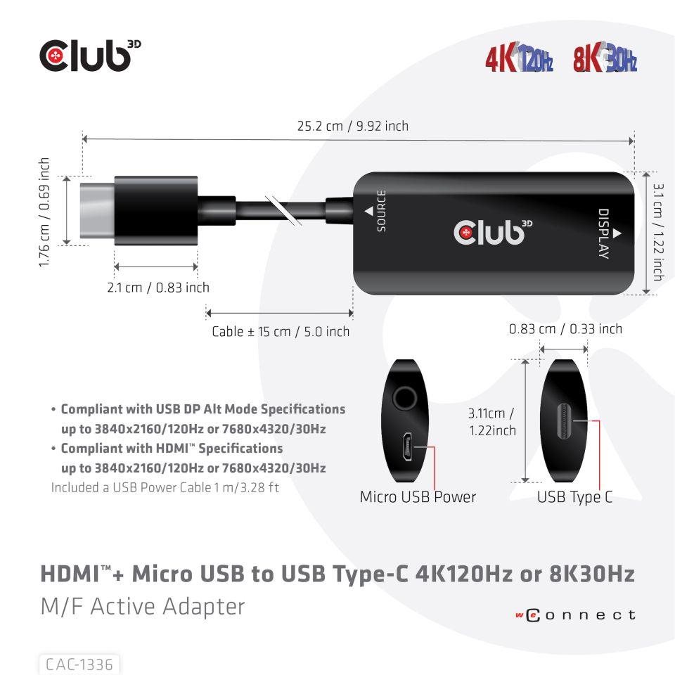 Club3D Adaptér HDMI + Micro USB na USB-C 4K120Hz/ 8K30Hz,  Active Adapter M/ F0 