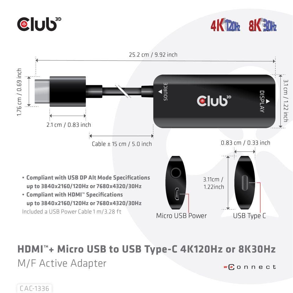 Club3D Adaptér HDMI + Micro USB na USB-C 4K120Hz/ 8K30Hz,  Active Adapter M/ F3 