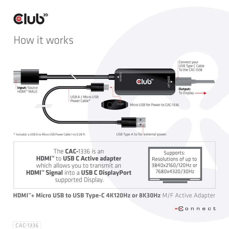 Club3D Adaptér HDMI + Micro USB na USB-C 4K120Hz/ 8K30Hz,  Active Adapter M/ F3 