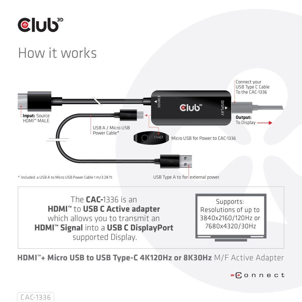 Club3D Adaptér HDMI + Micro USB na USB-C 4K120Hz/ 8K30Hz,  Active Adapter M/ F5 