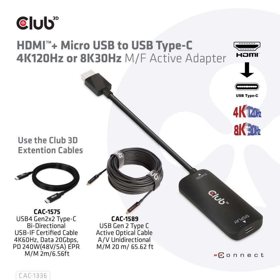 Club3D Adaptér HDMI + Micro USB na USB-C 4K120Hz/ 8K30Hz,  Active Adapter M/ F6 