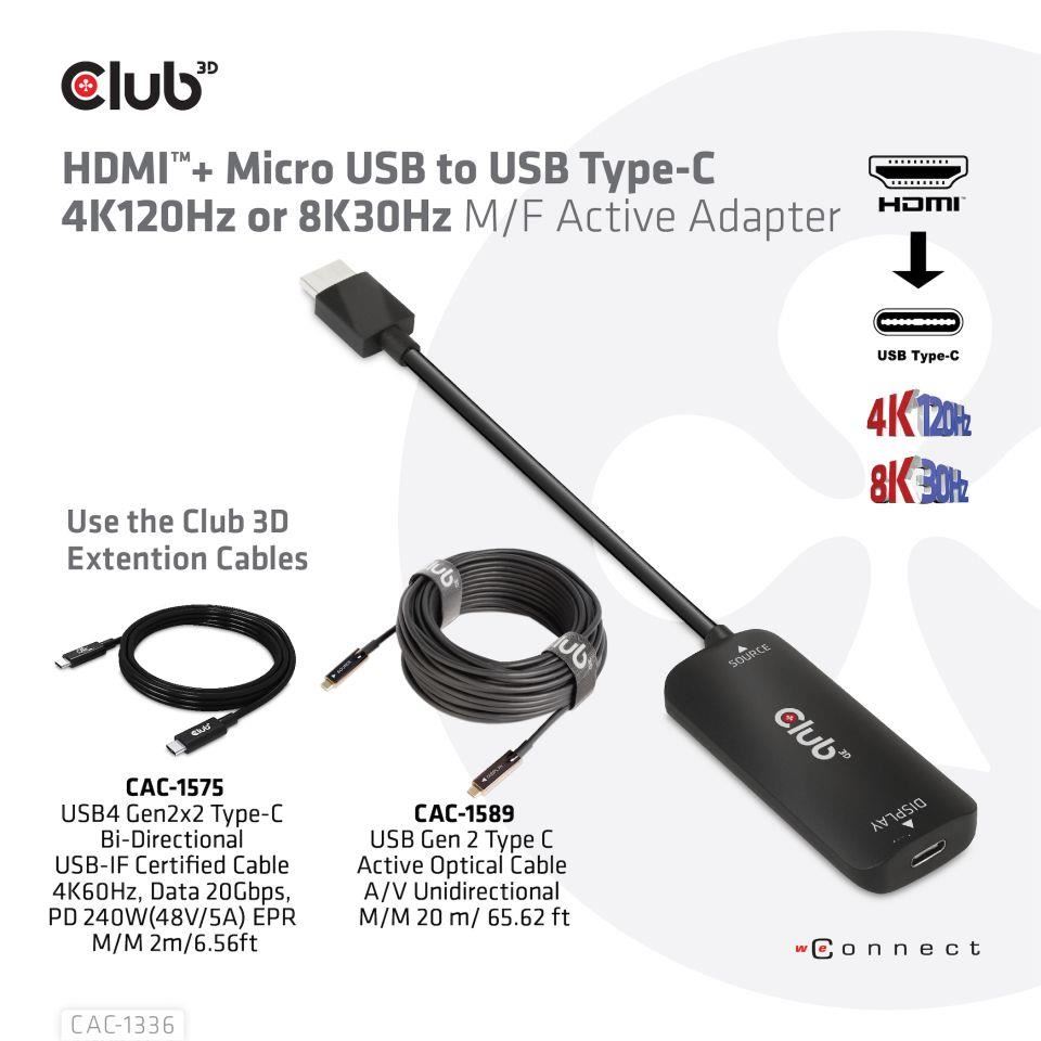 Club3D Adaptér HDMI + Micro USB na USB-C 4K120Hz/ 8K30Hz,  Active Adapter M/ F1 