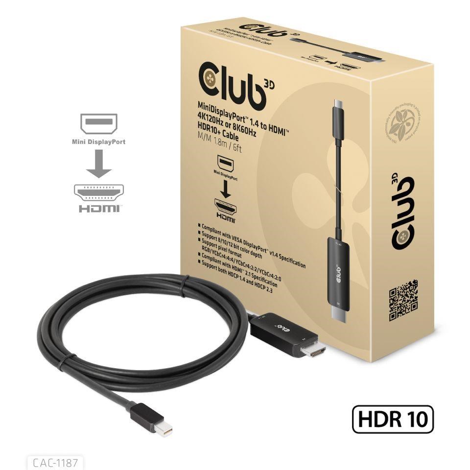 Club3D kabel miniDP 1.4 na HDMI,  4K120Hz nebo 8K60Hz HDR10+,  M/ M,  1.8m0 