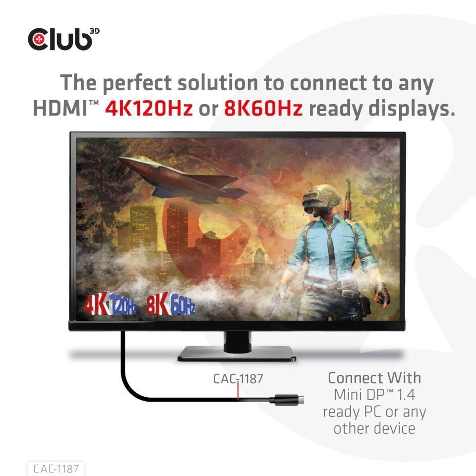 Club3D kabel miniDP 1.4 na HDMI,  4K120Hz nebo 8K60Hz HDR10+,  M/ M,  1.8m5 