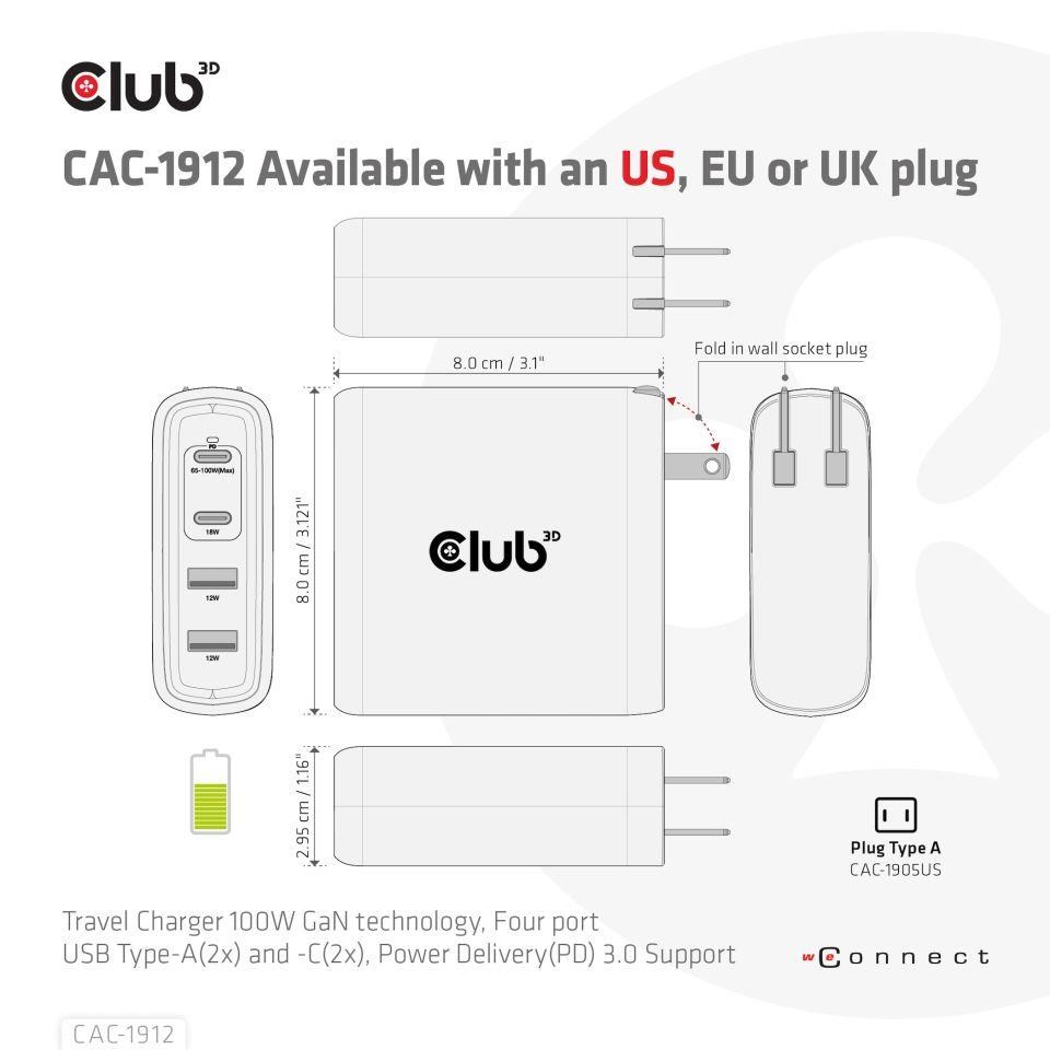 Club3D cestovní nabíječka 100W GAN technologie,  2xUSB-A a 2xUSB-C,  PD 3.0 Support7 