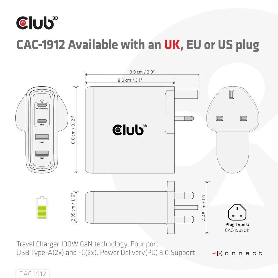 Club3D cestovní nabíječka 100W GAN technologie,  2xUSB-A a 2xUSB-C,  PD 3.0 Support5 