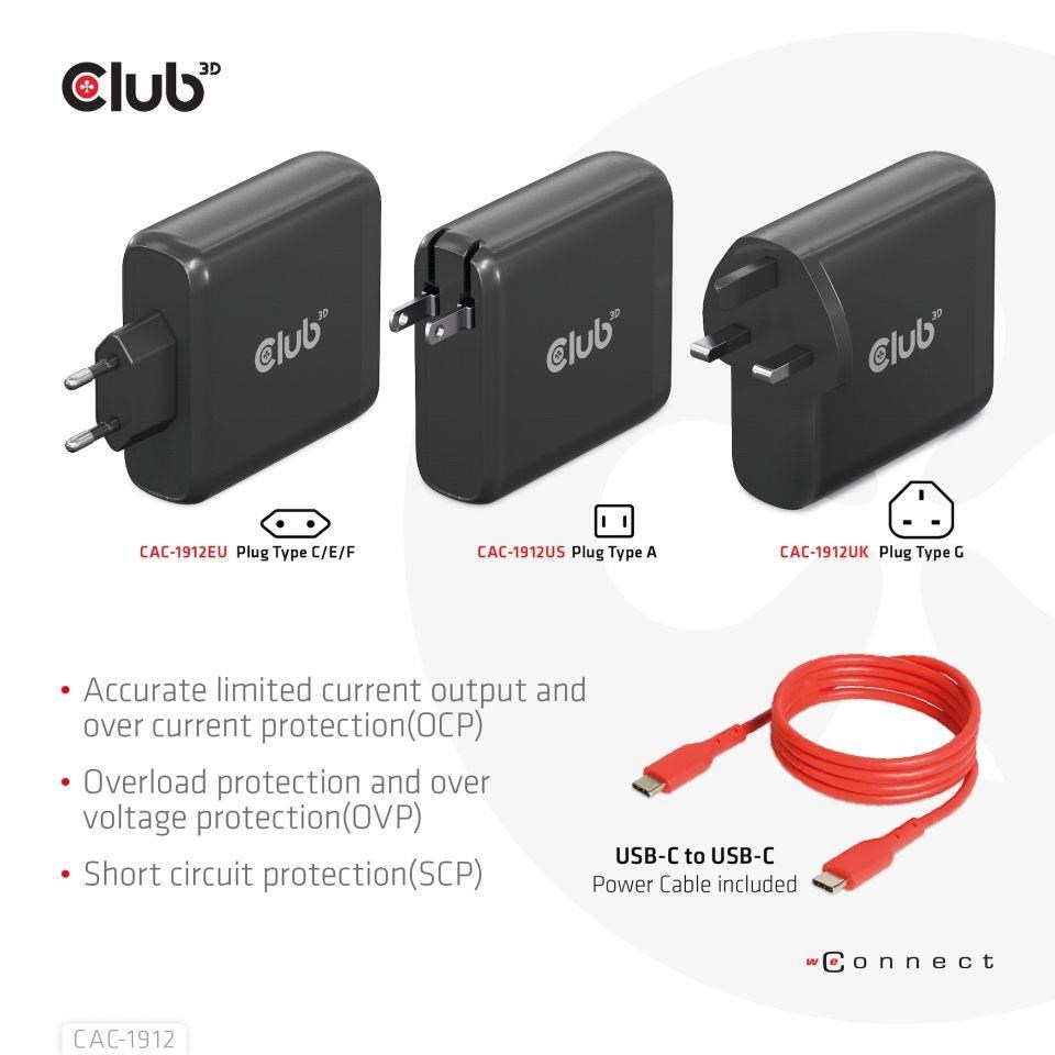 Club3D cestovní nabíječka 100W GAN technologie,  2xUSB-A a 2xUSB-C,  PD 3.0 Support8 