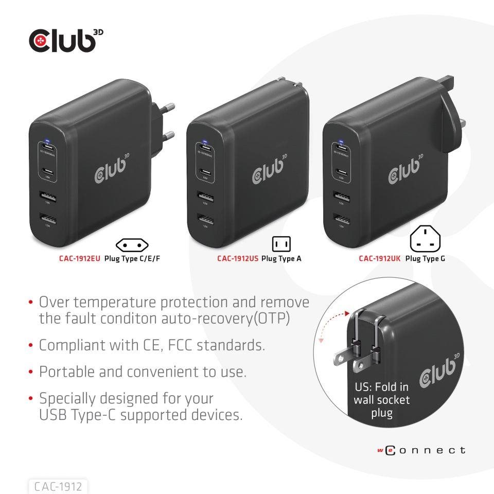 Club3D cestovní nabíječka 100W GAN technologie,  2xUSB-A a 2xUSB-C,  PD 3.0 Support6 