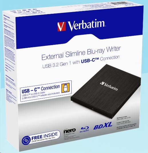 VERBATIM externí mechanika Slimline Blu-ray Writer (USB-C,  USB 3.0)  Zdarma BR Disc 25GB (CD DVD BD + NERO0 