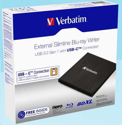 VERBATIM externí mechanika Slimline Blu-ray Writer (USB 3.1,  USB-C)  Zdarma BR Disc 25GB (CD DVD BD + NERO1 