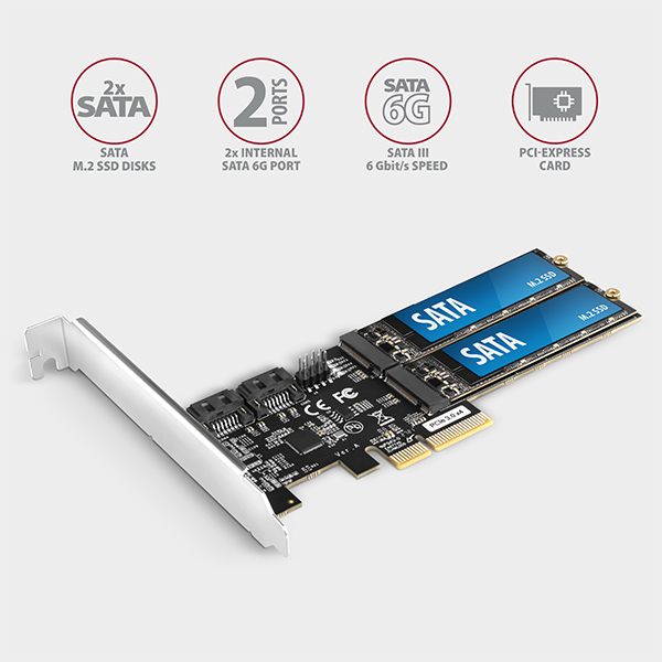 AXAGON PCES-SA4M2,  PCIe radič - 2x interný SATA 6G port + 2x SATA M.2 slot,  ASM1164,  SP & LP1 