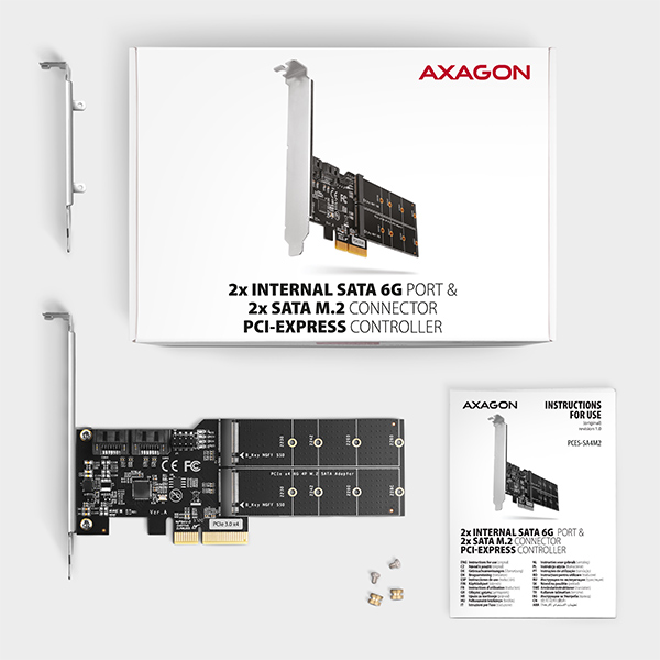 AXAGON PCES-SA4M2,  PCIe radič - 2x interný SATA 6G port + 2x SATA M.2 slot,  ASM1164,  SP & LP6 
