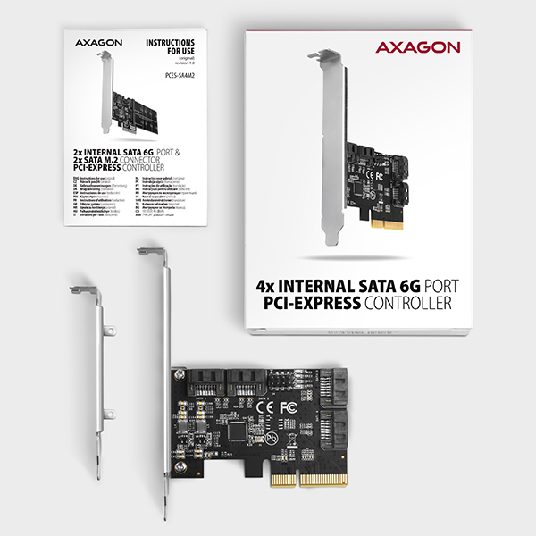 AXAGON PCES-SA4X4,  PCIe radič - 4x interný SATA 6G port,  ASM1164,  SP & LP4 