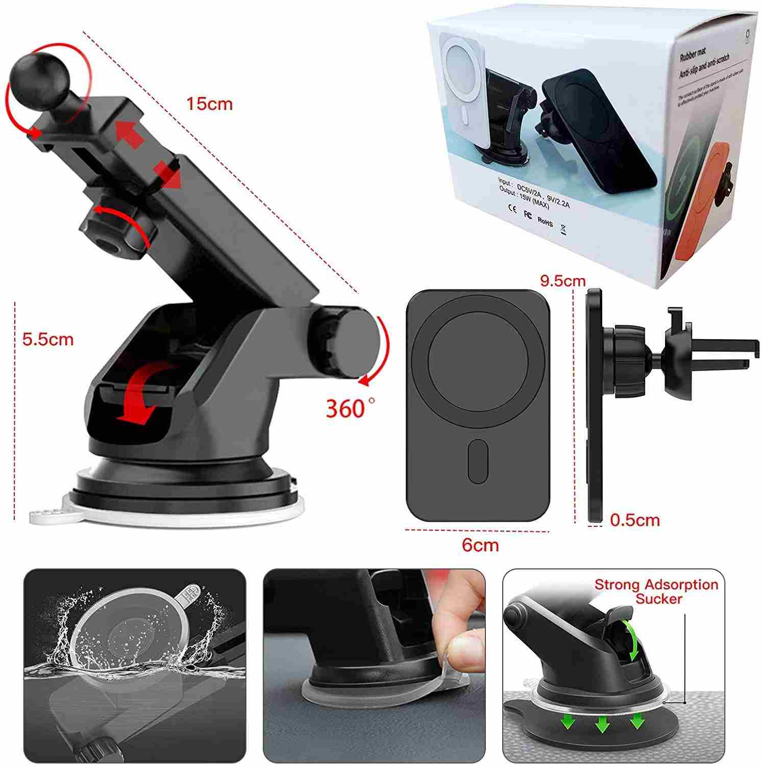 1stCOOL bezdrátová QI nabíječka 15W,  magnetická,  do auta,  MagSafe kompatibilní,  černá0 