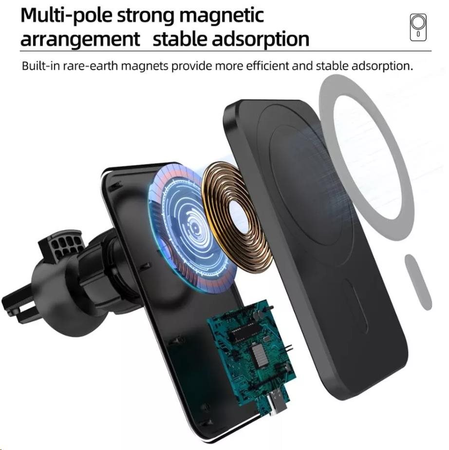 1stCOOL bezdrátová QI nabíječka 15W,  magnetická,  do auta,  MagSafe kompatibilní,  černá3 