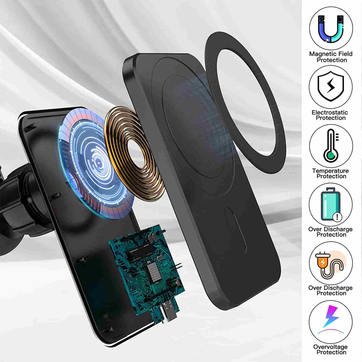 1stCOOL bezdrátová QI nabíječka 15W,  magnetická,  do auta,  MagSafe kompatibilní,  černá5 