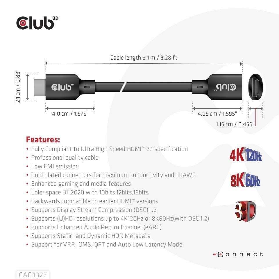 Club3D prodlužovací Ultra rychlý HDMI kabel,  4K120Hz,  8K60Hz,  48Gbps,  M/ F,  1m,  30 AWG1 