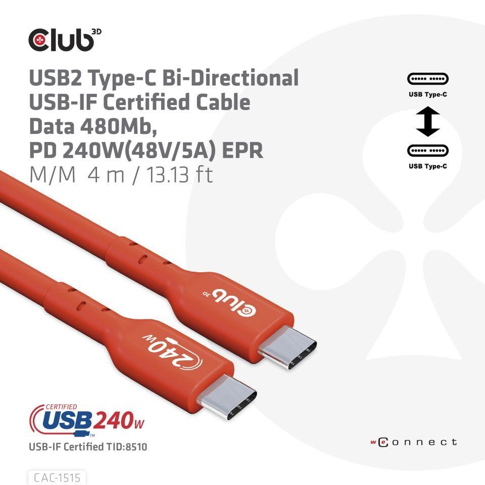 Club3D kabel USB-C,  Oboustranný USB-IF Certifikovaný data kabel,  PD 240W(48V/ 5A) EPR M/ M 4m4 