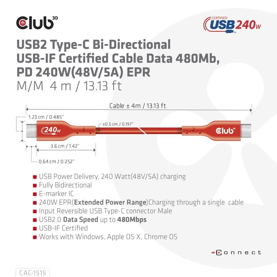 Club3D kabel USB-C,  Oboustranný USB-IF Certifikovaný data kabel,  PD 240W(48V/ 5A) EPR M/ M 4m7 