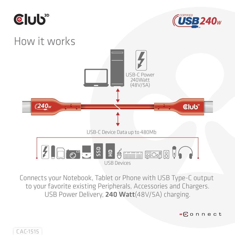 Club3D kabel USB-C,  Oboustranný USB-IF Certifikovaný data kabel,  PD 240W(48V/ 5A) EPR M/ M 4m0 