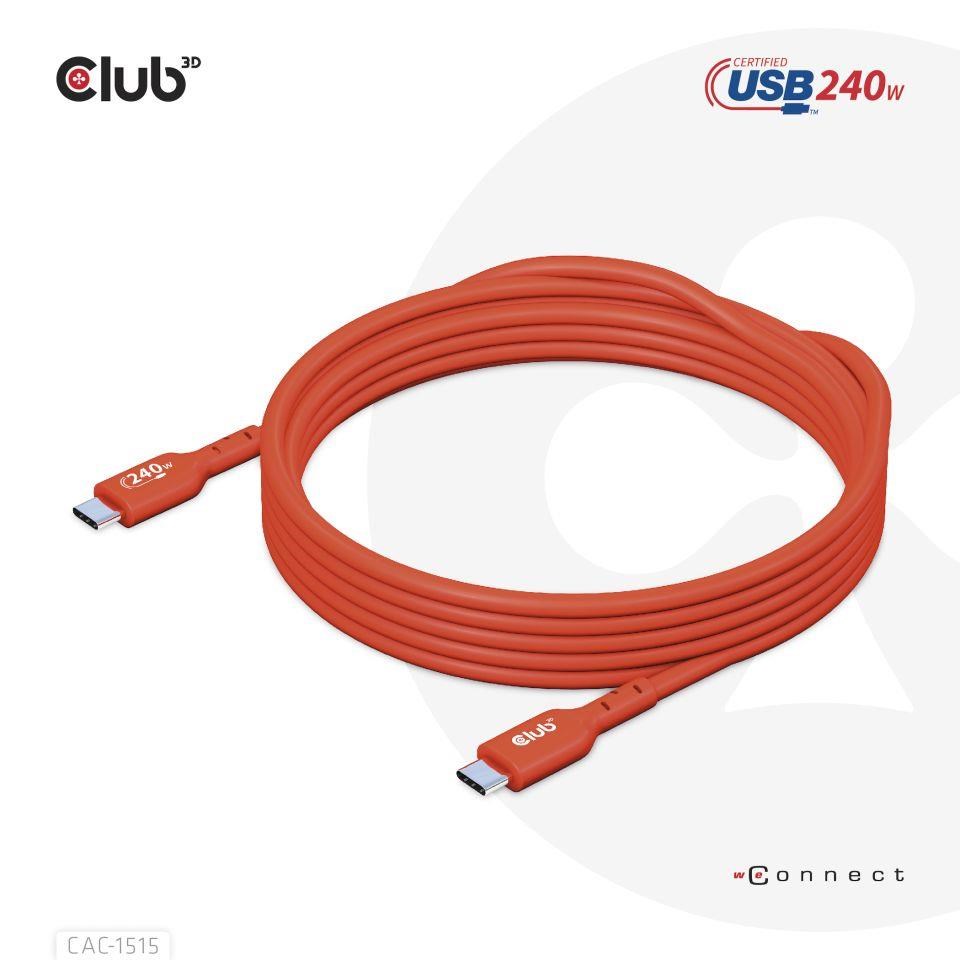 Club3D kabel USB-C,  Oboustranný USB-IF Certifikovaný data kabel,  PD 240W(48V/ 5A) EPR M/ M 4m5 