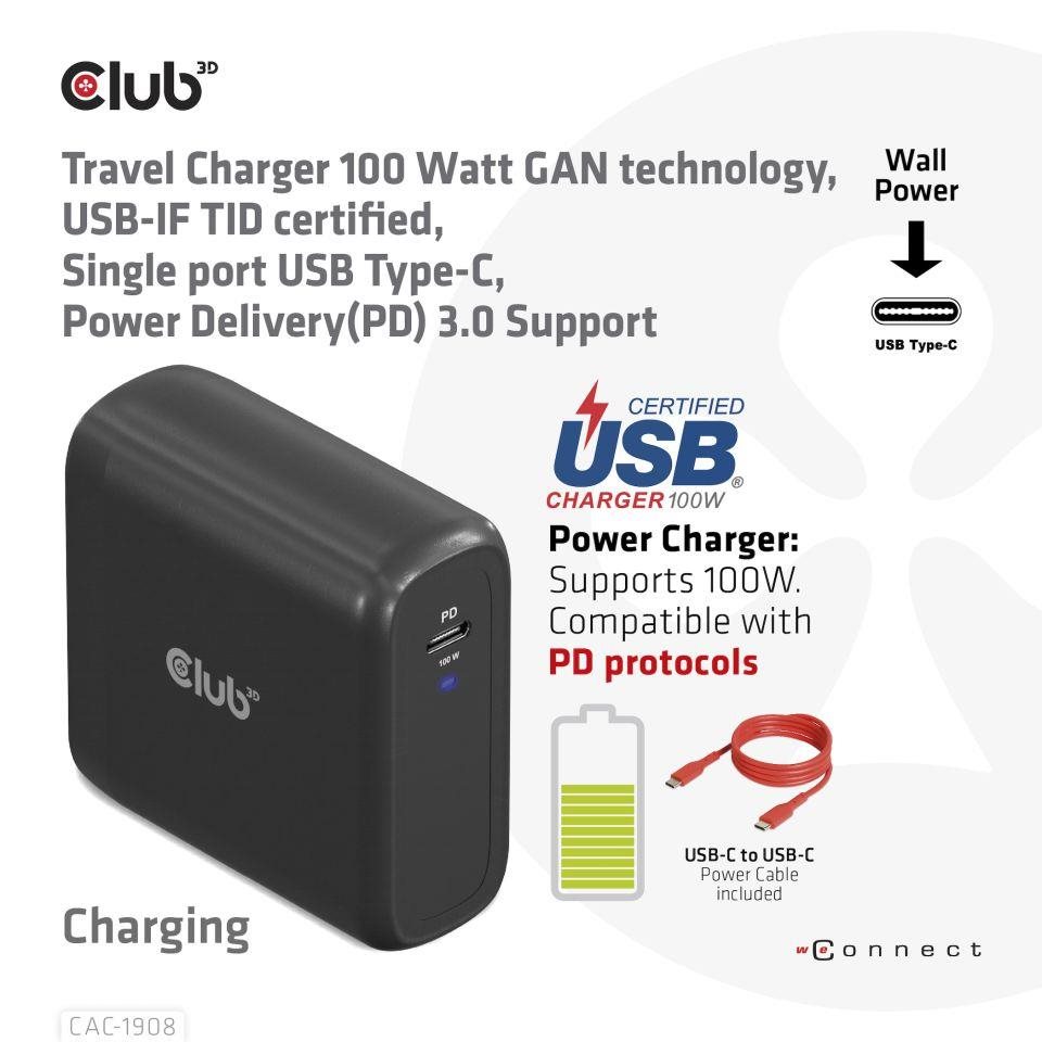 Club3D cestovní nabíječka 100W GAN technologie,  USB-IF TID certified,  USB Type-C,  Power Delivery(PD) 3.0 Support6 