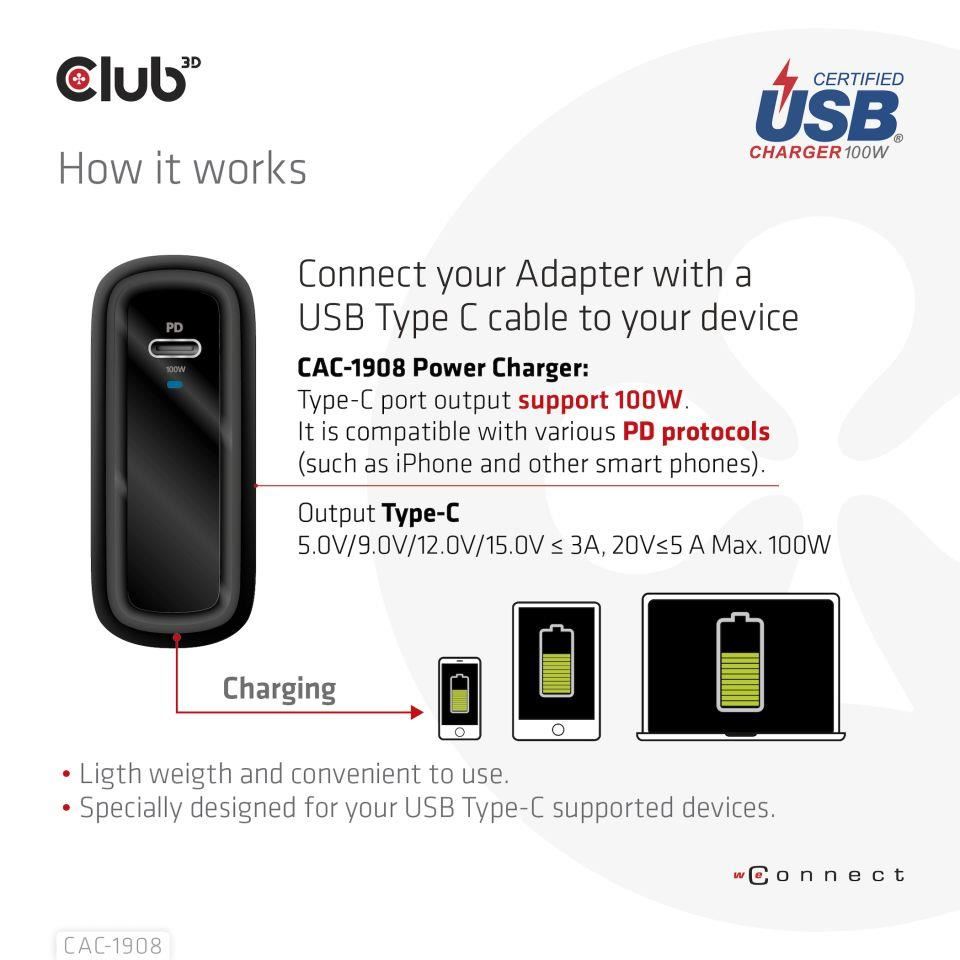 Club3D cestovní nabíječka 100W GAN technologie,  USB-IF TID certified,  USB Type-C,  Power Delivery(PD) 3.0 Support7 