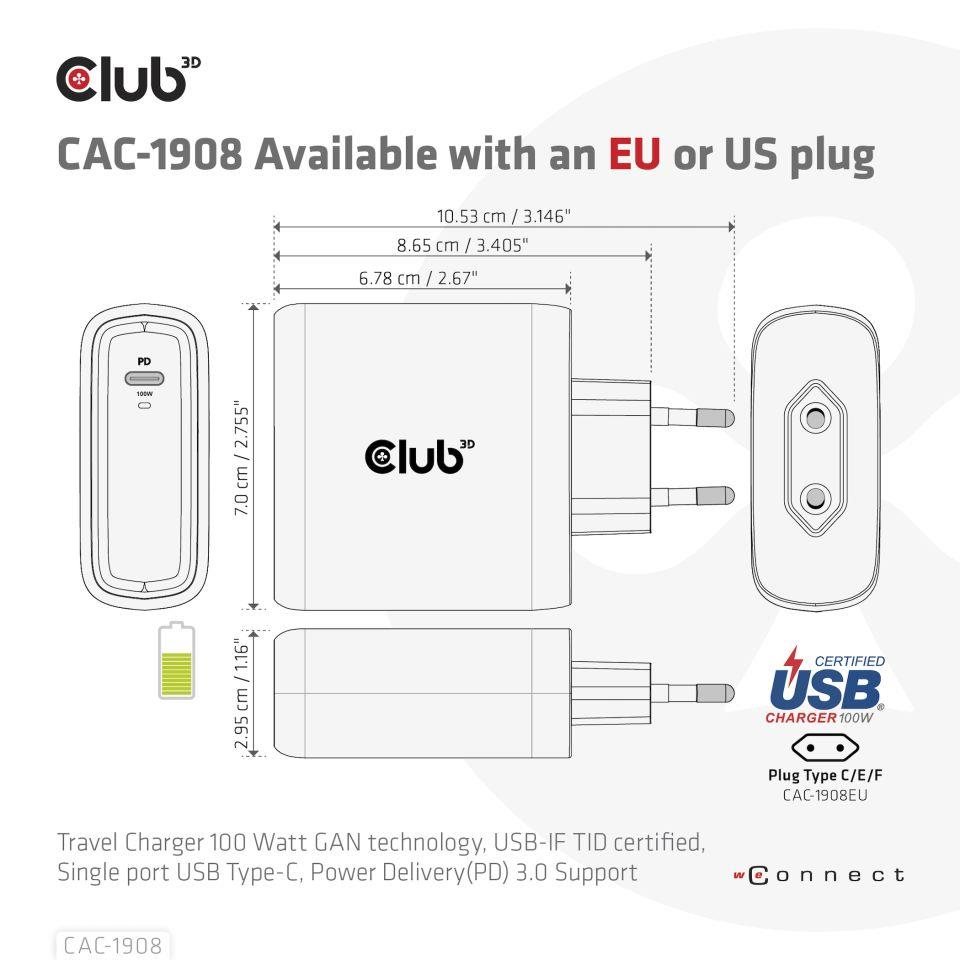 Club3D cestovní nabíječka 100W GAN technologie,  USB-IF TID certified,  USB Type-C,  Power Delivery(PD) 3.0 Support5 