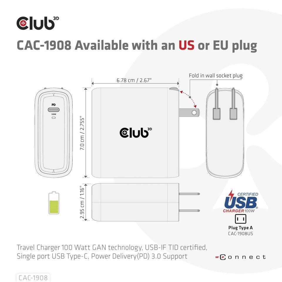 Club3D cestovní nabíječka 100W GAN technologie,  USB-IF TID certified,  USB Type-C,  Power Delivery(PD) 3.0 Support0 