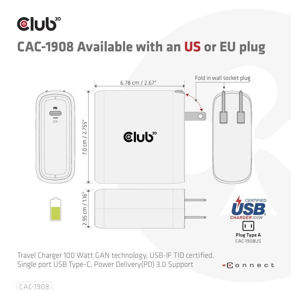 Club3D cestovní nabíječka 100W GAN technologie,  USB-IF TID certified,  USB Type-C,  Power Delivery(PD) 3.0 Support2 