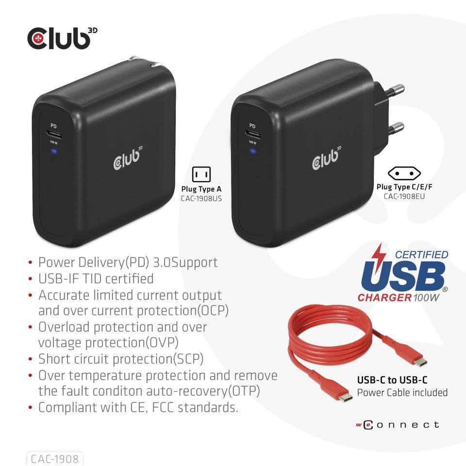 Club3D cestovní nabíječka 100W GAN technologie,  USB-IF TID certified,  USB Type-C,  Power Delivery(PD) 3.0 Support3 