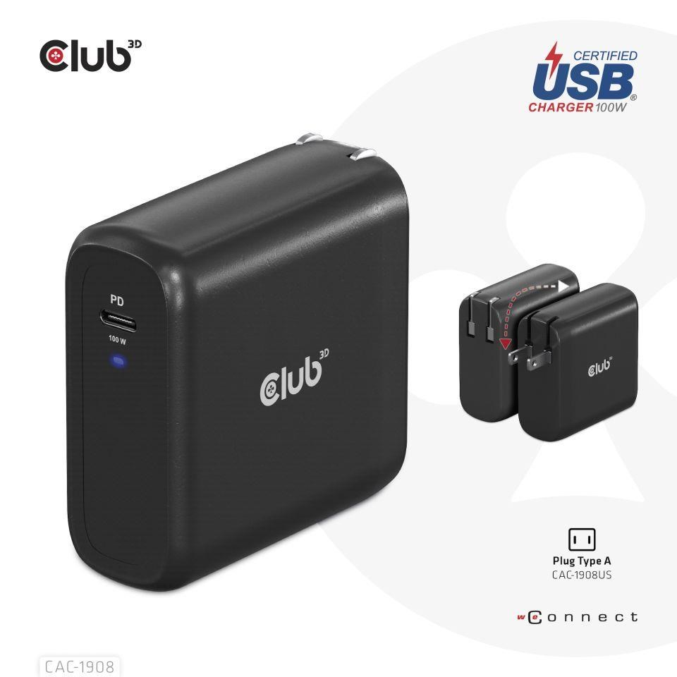 Club3D cestovní nabíječka 100W GAN technologie,  USB-IF TID certified,  USB Type-C,  Power Delivery(PD) 3.0 Support6 