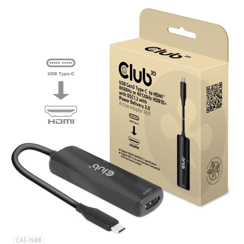 Club3D Adaptér USB-C na HDMI 8K60Hz/ 4K120Hz,  Active Adapter M/ F,  PD 3.0,  HDR10+ a DSC 1.22 