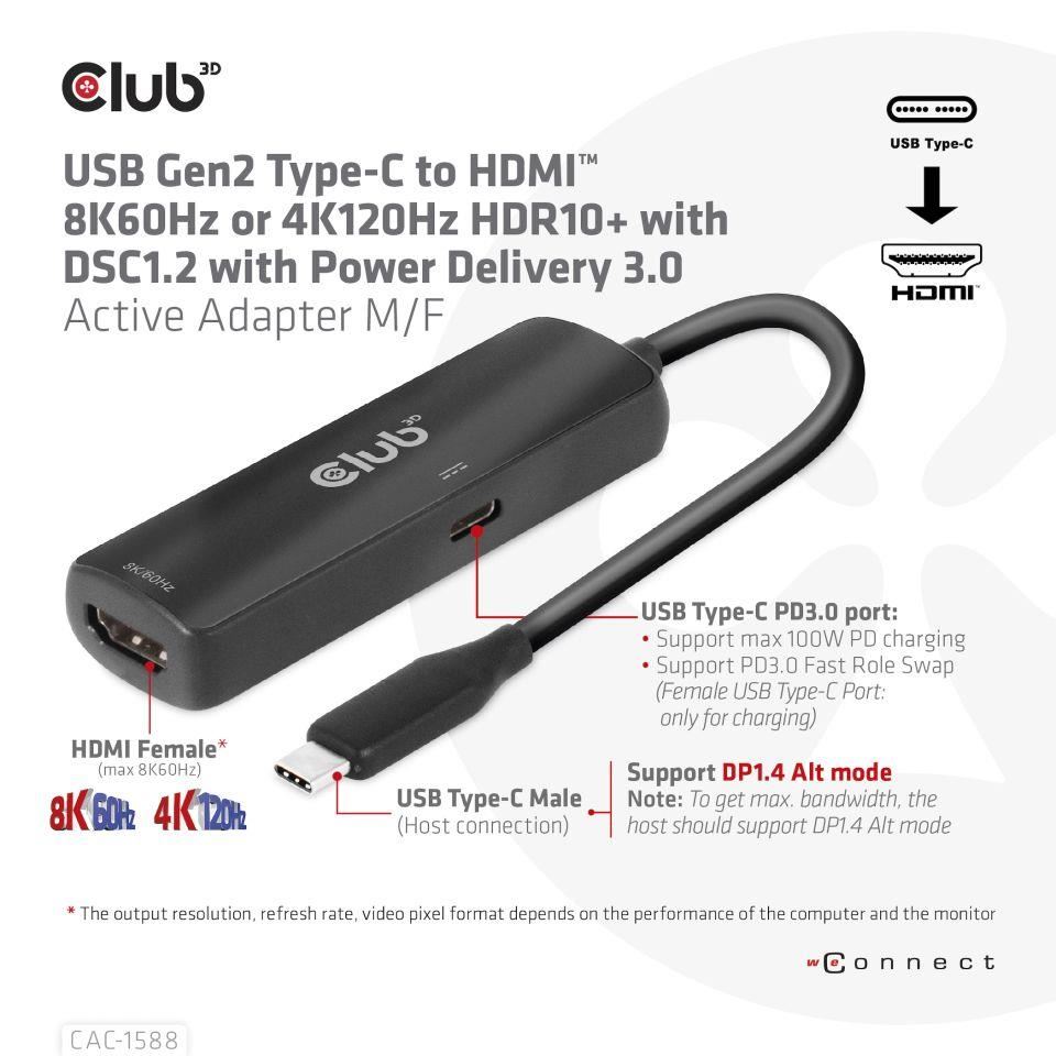 Club3D Adaptér USB-C na HDMI 8K60Hz/ 4K120Hz,  Active Adapter M/ F,  PD 3.0,  HDR10+ a DSC 1.23 