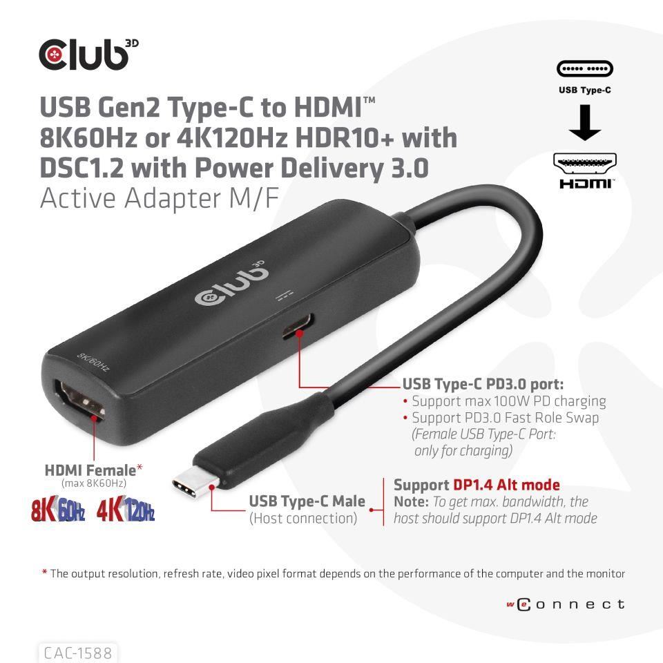Club3D Adaptér USB-C na HDMI 8K60Hz/ 4K120Hz,  Active Adapter M/ F,  PD 3.0,  HDR10+ a DSC 1.21 