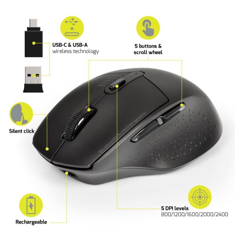PORT dobíjecí myš s duálním bezdrátovým připojením,  BT,  2, 4 GHz,  USB-A/ C,  černá0 