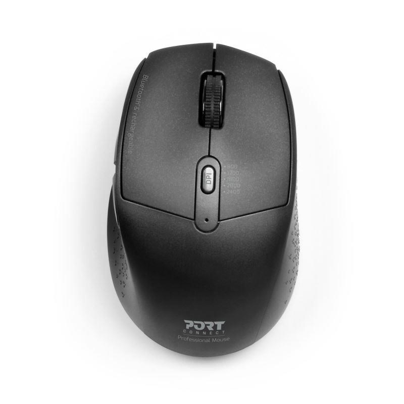 PORT dobíjecí myš s duálním bezdrátovým připojením,  BT,  2, 4 GHz,  USB-A/ C,  černá1 