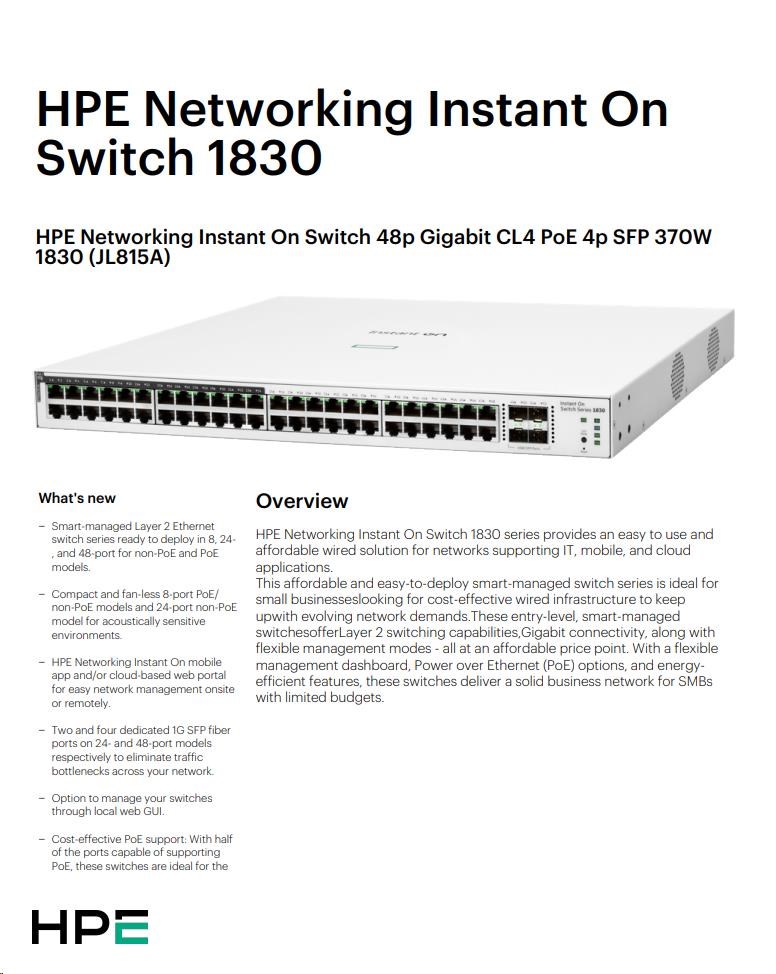 HPE Networking Instant On Switch 48p Gigabit CL4 PoE 4p SFP 370W 1830 (JL815A)2 